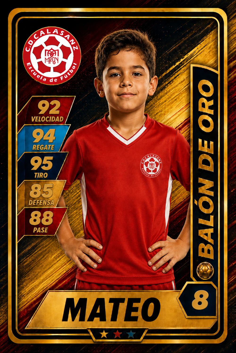 Ejemplo Cromo de fútbol base de Mateo, número 8, con estadísticas y Balón de Oro, del C.D. Calasanz Escuela de Fútbol.ejemplo generado IA