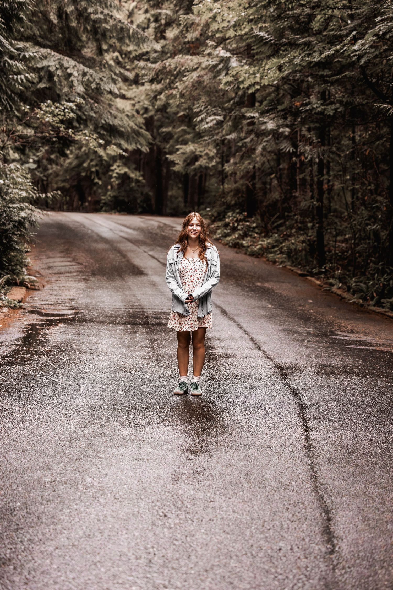 A wet forest road curves through dense trees on a moody autumn day.