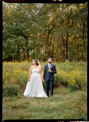 Wedding couple walking through meadow with golden wildflowers and forest backdrop.
