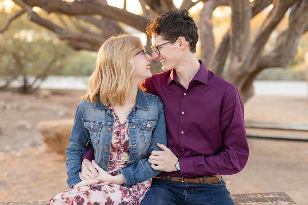 Couple sits close together on bench with tree branches framing the romantic desert scene.