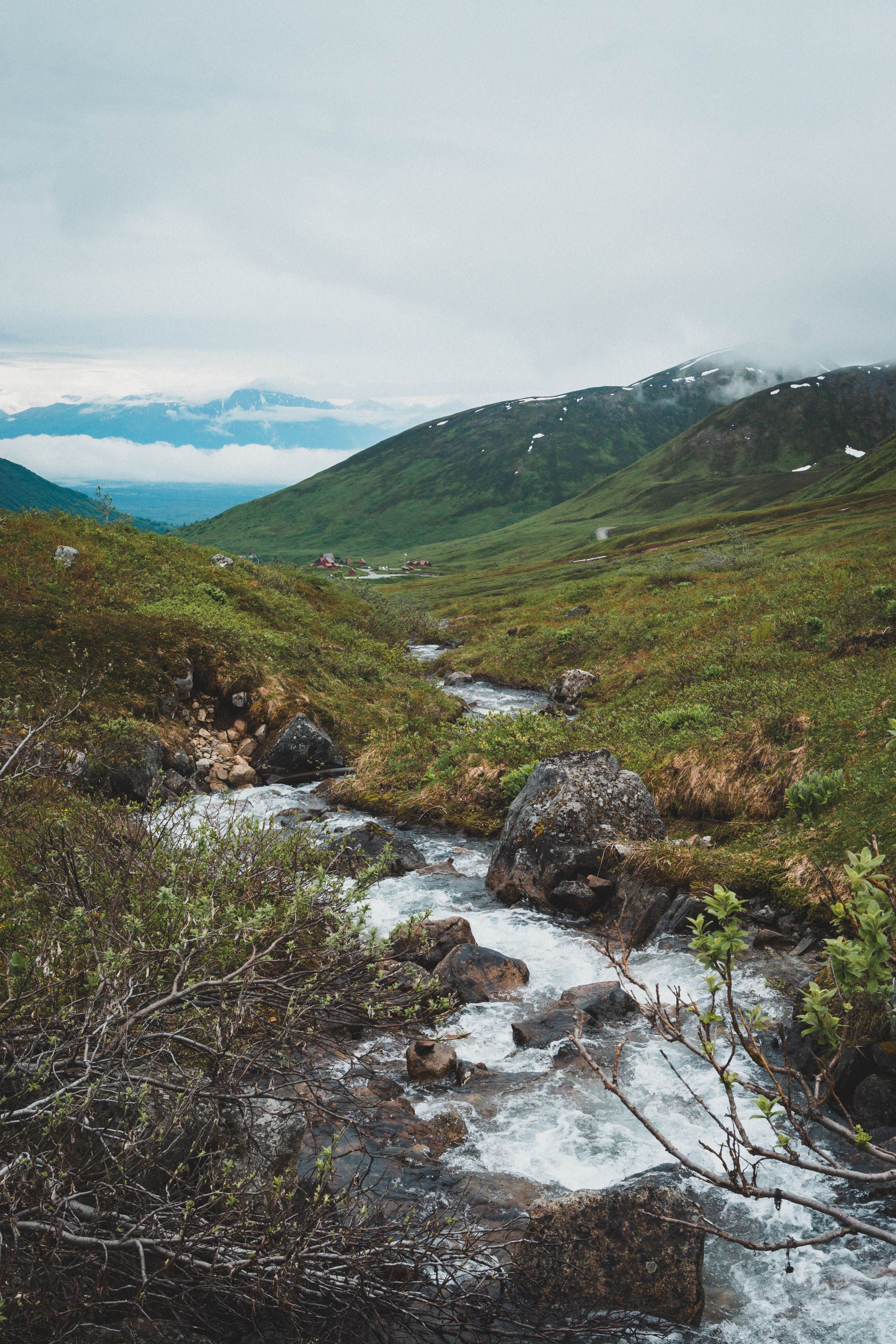 A wild mountain stream rushes through a green valley with snow-capped peaks in the distance.