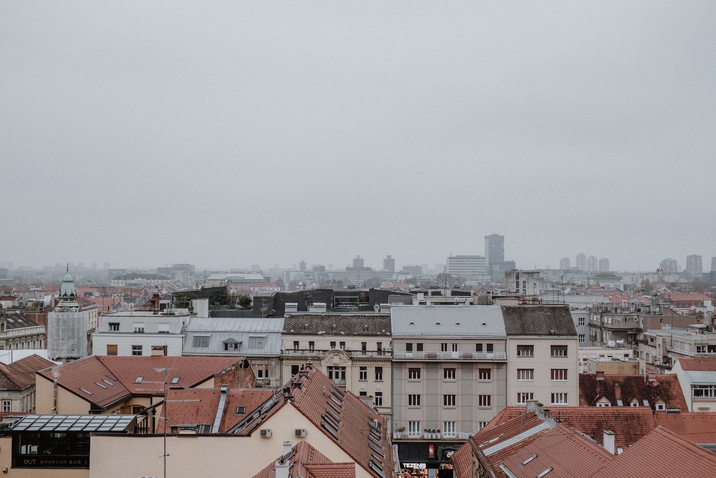 Soft cloudy sky over Zagreb during a fall wedding captured in the Upper Town.
