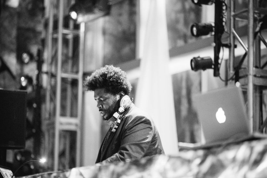 A series of black and white photographs showing musicians performing on stage with microphones and instruments.