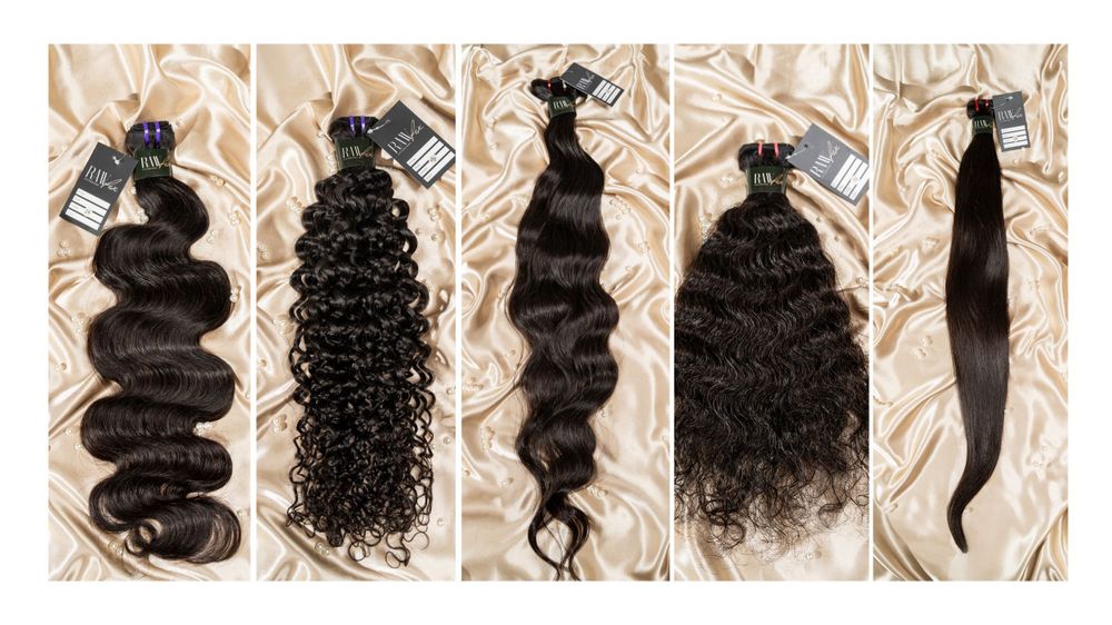 Display of five different black hair extension styles showing body wave, kinky curly, loose wave, jerry curl and straight textures.