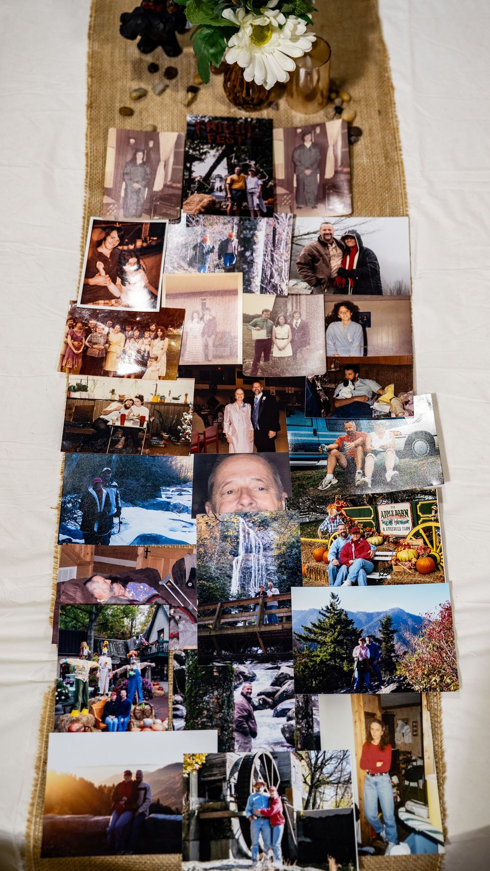 A collage of vintage family photographs arranged in a grid pattern showing various outdoor activities and gatherings.