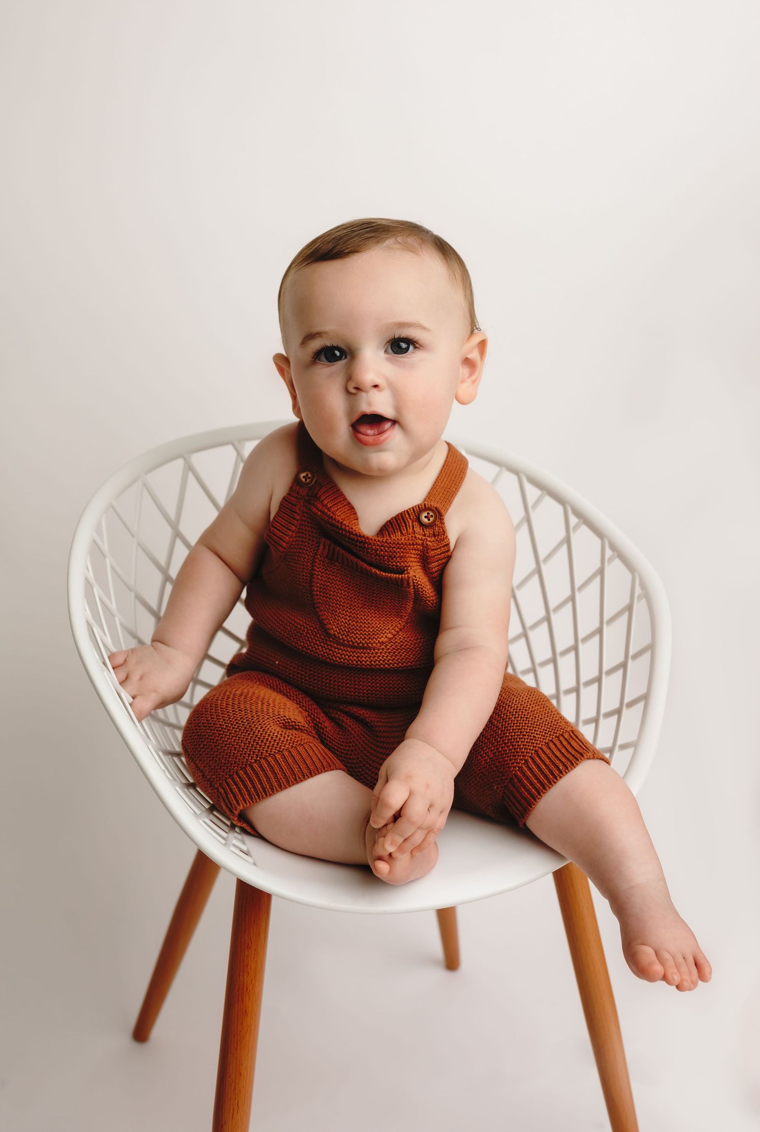 Charlottesville photographer, milestone, baby, newborn, maternity, family, baby boy in chair wearing brown outfit
