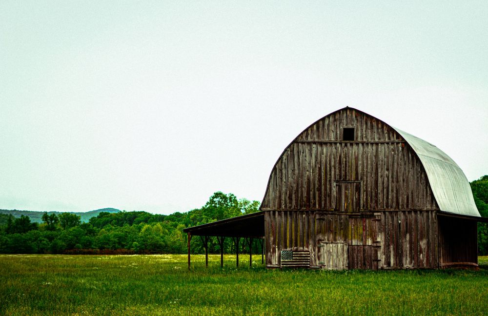 A weathered wooden barn with curved roof stands in a green rural field against a pale sky.