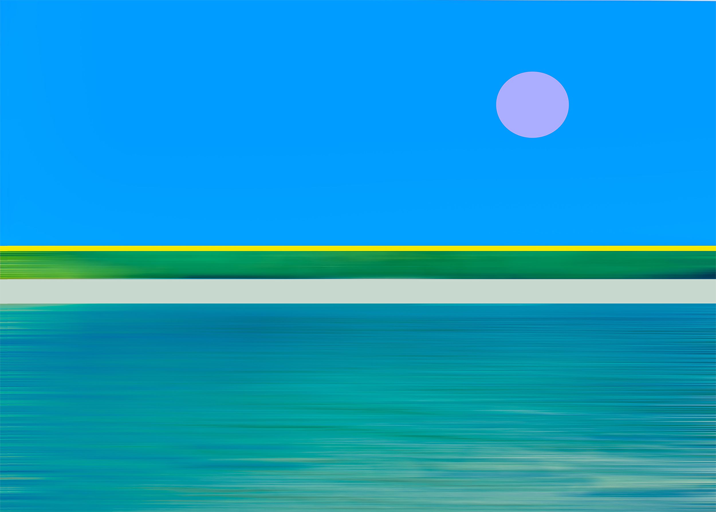 Award-winning image of an aquamarine sea against a blue sky with a pink moon