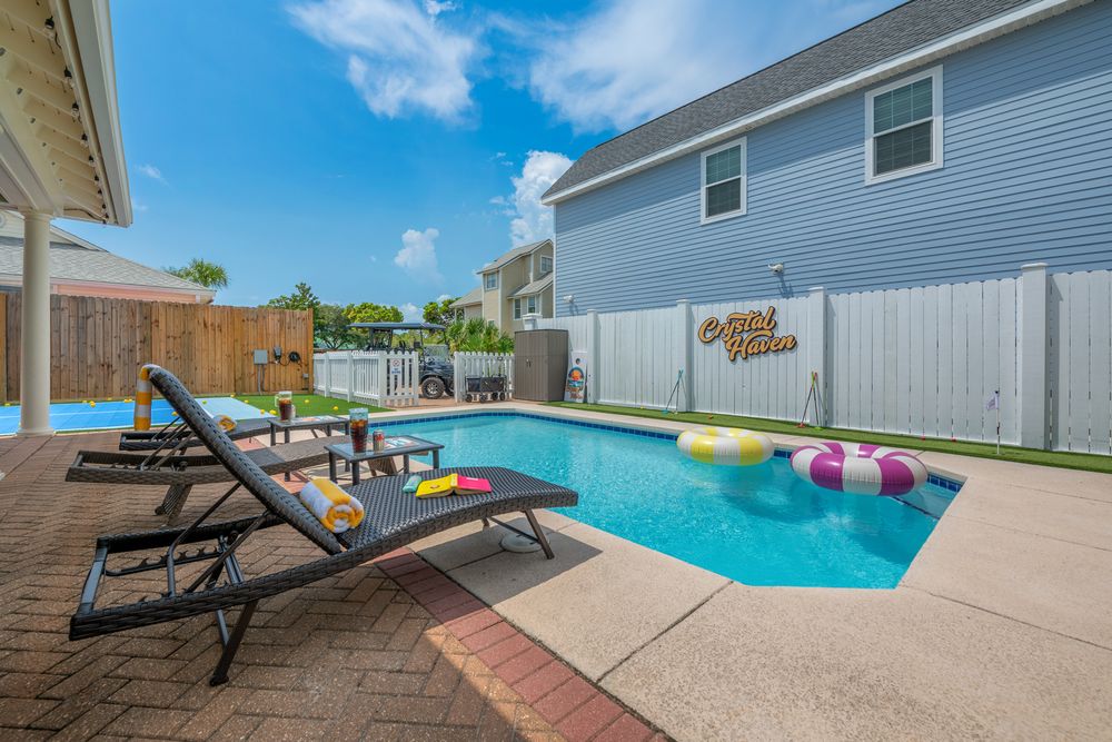 Collage of outdoor swimming pool and deck areas with lounge chairs under blue skies and white clouds.