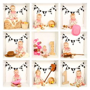 A grid of baby milestone photos with props and decorations on a white background.