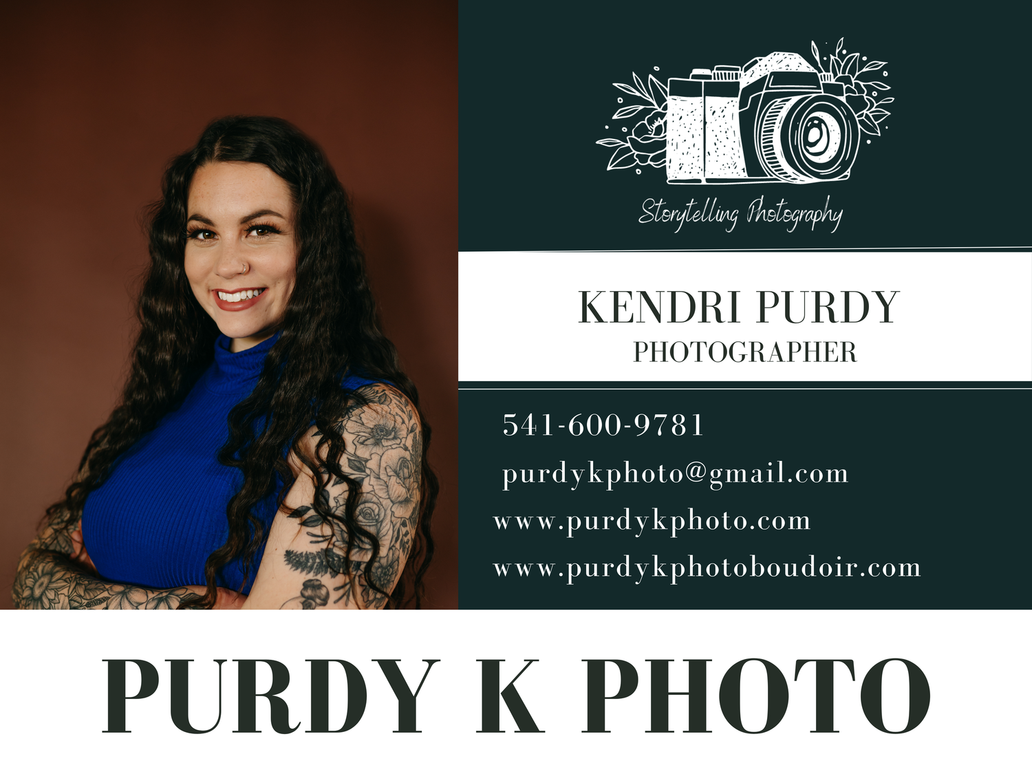 Professional photography business logo and branding elements on dark background.