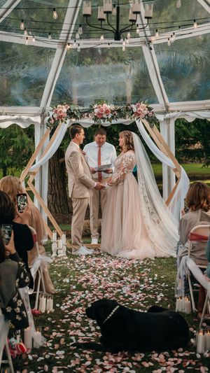 A romantic outdoor wedding ceremony takes place under a white draped gazebo with scattered rose petals on the ground.