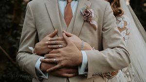 Five cropped photos showing hands with wedding rings and formal attire in romantic wedding day moments.