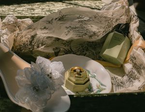 A series of six connected images showing a traditional tea ceremony setup with elegant teaware and delicate accessories.