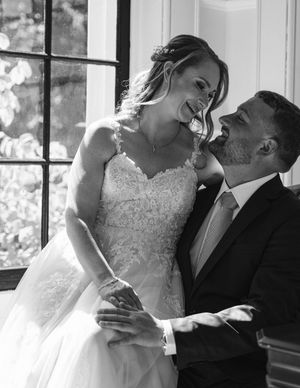 A romantic wedding photo sequence showing intimate moments between newlyweds in formal attire by a window.