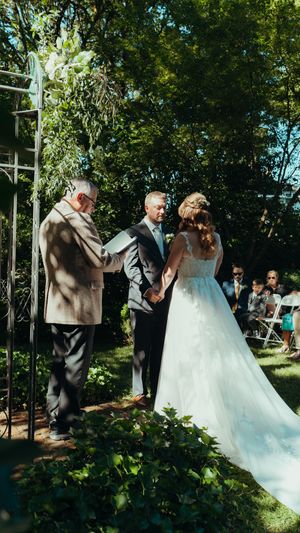 A series of outdoor wedding ceremony photos showing a couple exchanging vows under trees and natural sunlight.