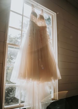 A delicate blush-colored wedding dress hangs in front of a sunlit window, creating an ethereal silhouette.