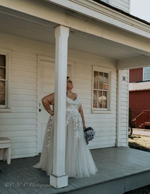 A sequence of four photos showing someone in a white wedding dress posing on a rustic white porch.