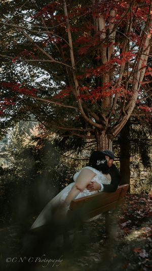 A romantic wedding photo beneath autumn trees with red foliage creating a dreamy atmosphere.