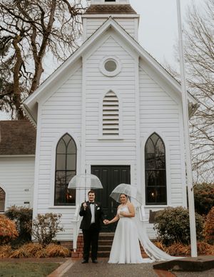 A series of photos showing a small white chapel wedding venue with Gothic windows and rustic architectural details.