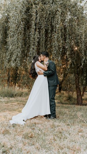 A romantic wedding couple shares intimate moments under willow trees in a dreamy outdoor setting.