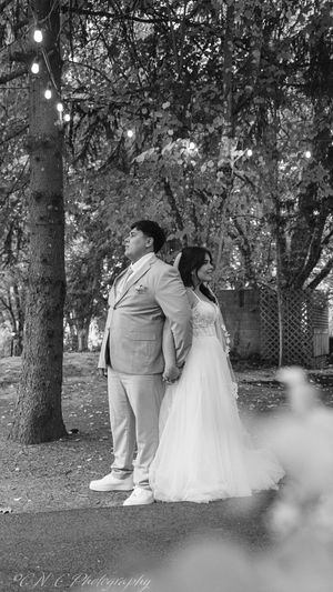 Black and white wedding photo sequence showing a couple walking through a tree-lined garden setting.