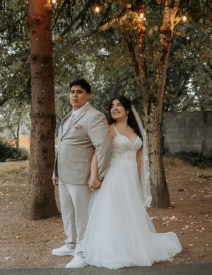 Wedding couple poses under trees at sunset in formal attire.