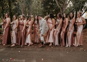 Large wedding party posing together outdoors in coordinated pink and neutral tones.