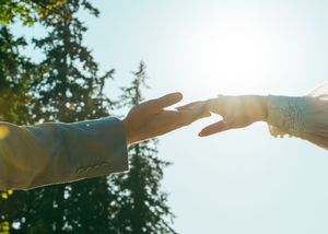 Two hands reach towards each other with bright sunlight and green trees in the background.