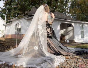 A bride in a flowing white gown poses in various outdoor settings during a wedding photo session.