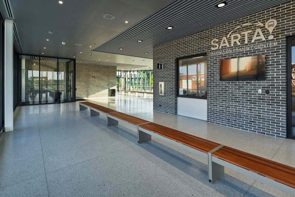 Cincinnati Drone photo of the new SARTA Transit station in Massillon, Ohio designed by Bowen+ Architects