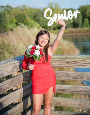 Person in a bright red dress poses playfully on a wooden boardwalk overlooking a scenic waterfront area.