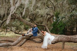 Bride in a white gown reclines on a large oak branch draped in Spanish moss while the groom in a blue suit sits beside her.