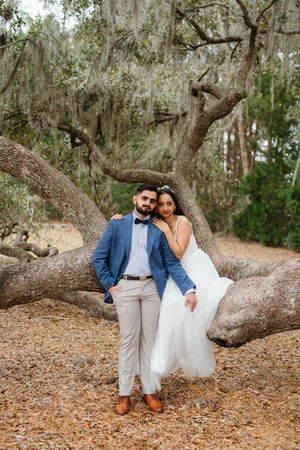 Couple in wedding attire pose on a large moss-draped oak tree limb, the groom in a blue blazer and the bride in a flowing white gown.