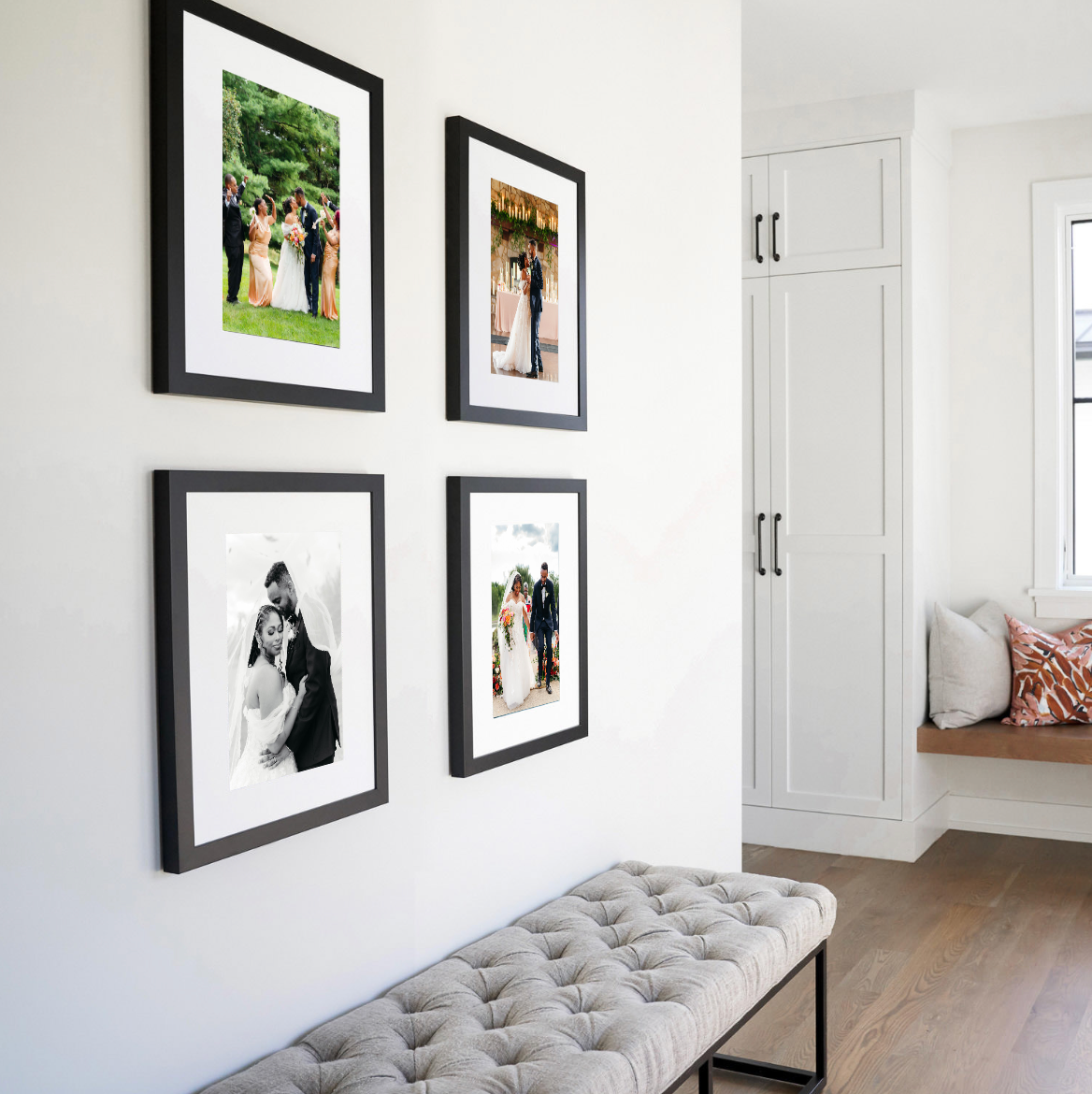 A photo of wall displays from printed photos from a family photography session