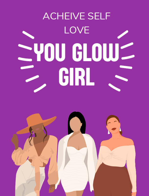 Purple self-love poster with the text You Glow Girl and three stylish illustrated women posing together in fashionable outfits.