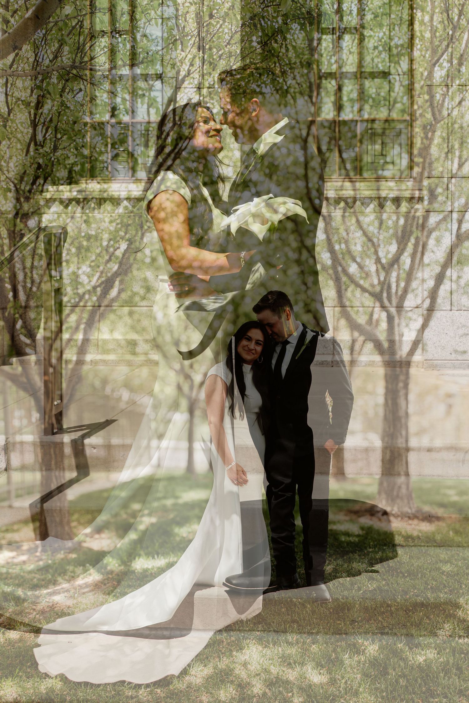 Double exposure wedding photo of bride and groom embracing outdoors, blended with a romantic kissing portrait among spring trees.