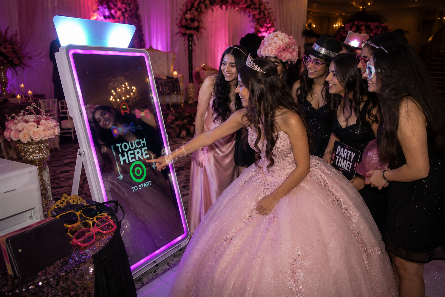 Mirror Photo Booth rental in Dallas for luxury Quinceañera celebrations featuring interactive touchscreen DSLR photography and 5x7 prints