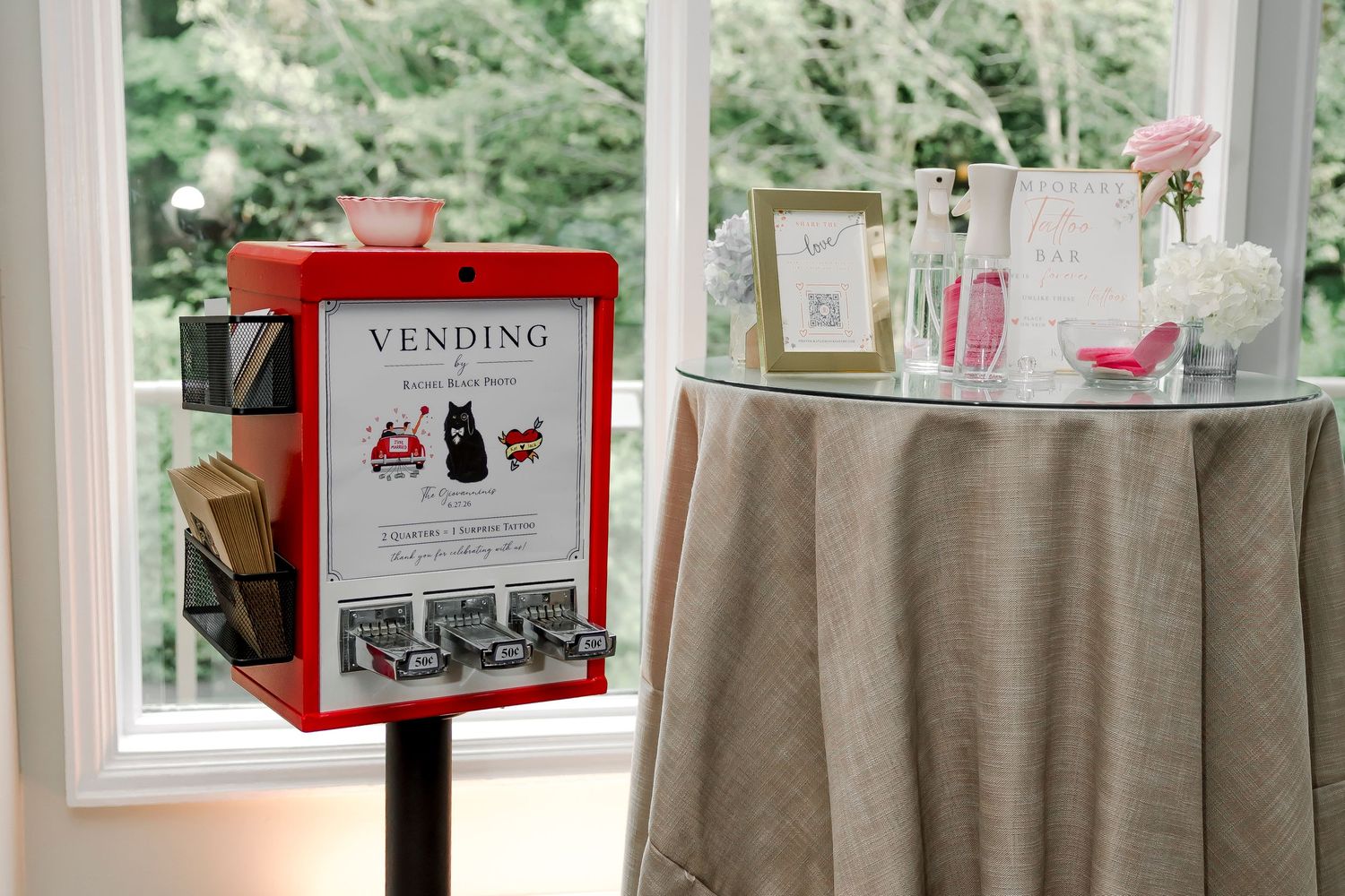 Red custom wedding vending machine by Rachel Black Photo dispensing surprise tattoos for 50 cents at The Opercourse event.