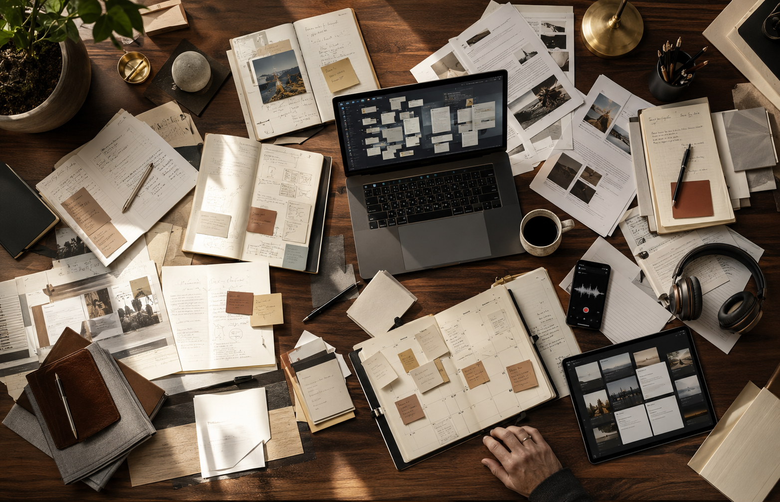 Overhead view of a cluttered wooden desk with open notebooks, photos, a laptop, tablet, headphones, and coffee cup.