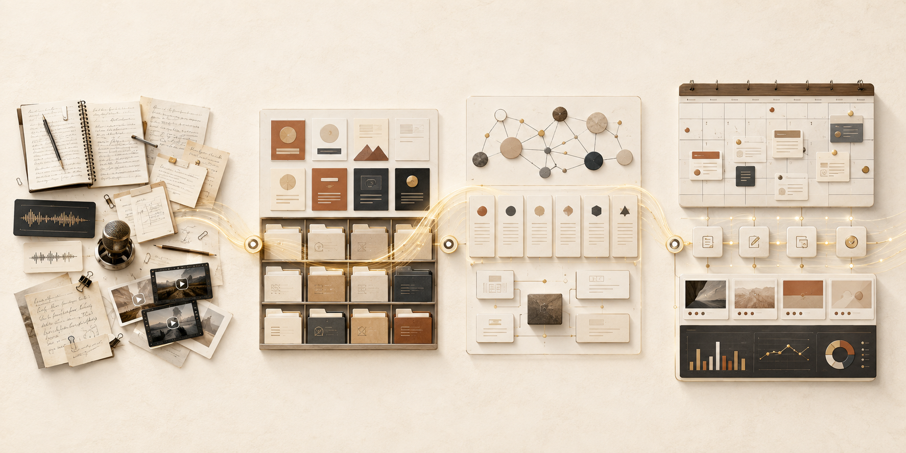 Three decorative mood boards displaying brand identity elements including color palettes, typography samples, and design materials.