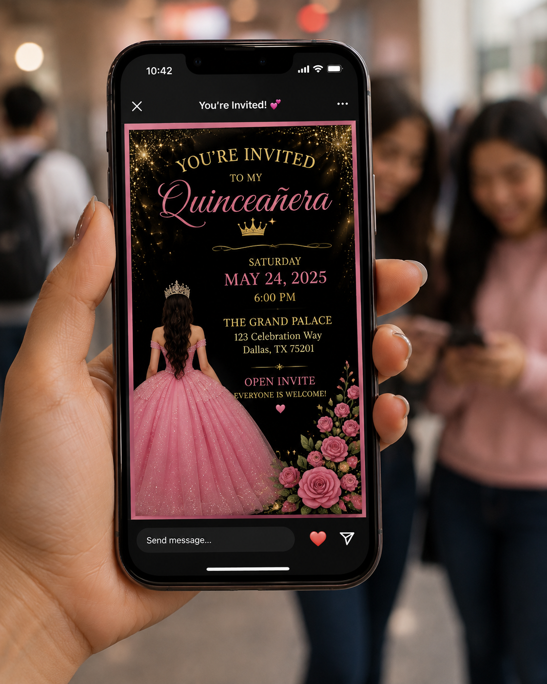 Security controlling open invite Quinceañera entrance with quince venue occupancy, guest list planning, RSVP and crowd management today