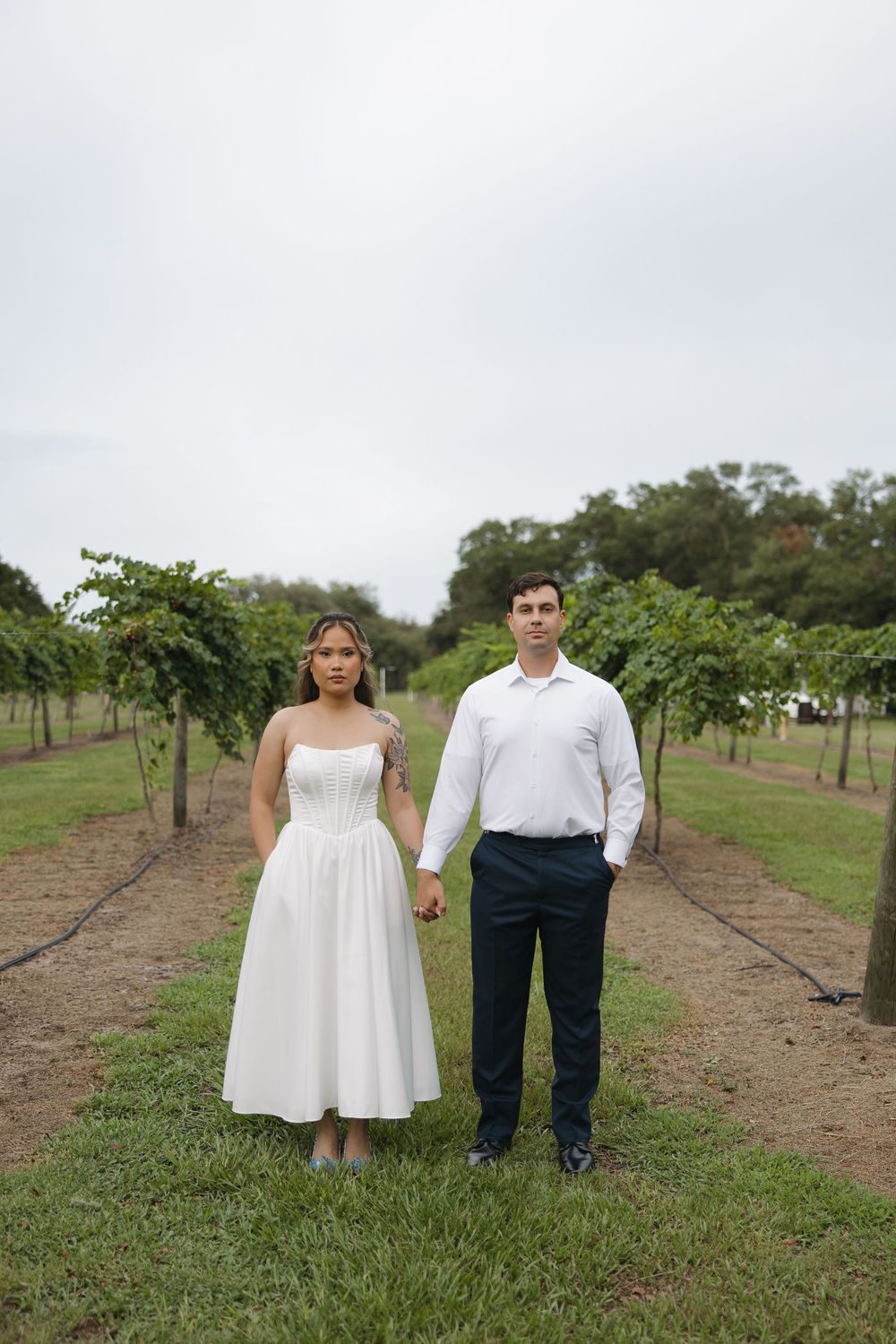 Couple holding hands standing between vineyard rows, woman in white midi dress.