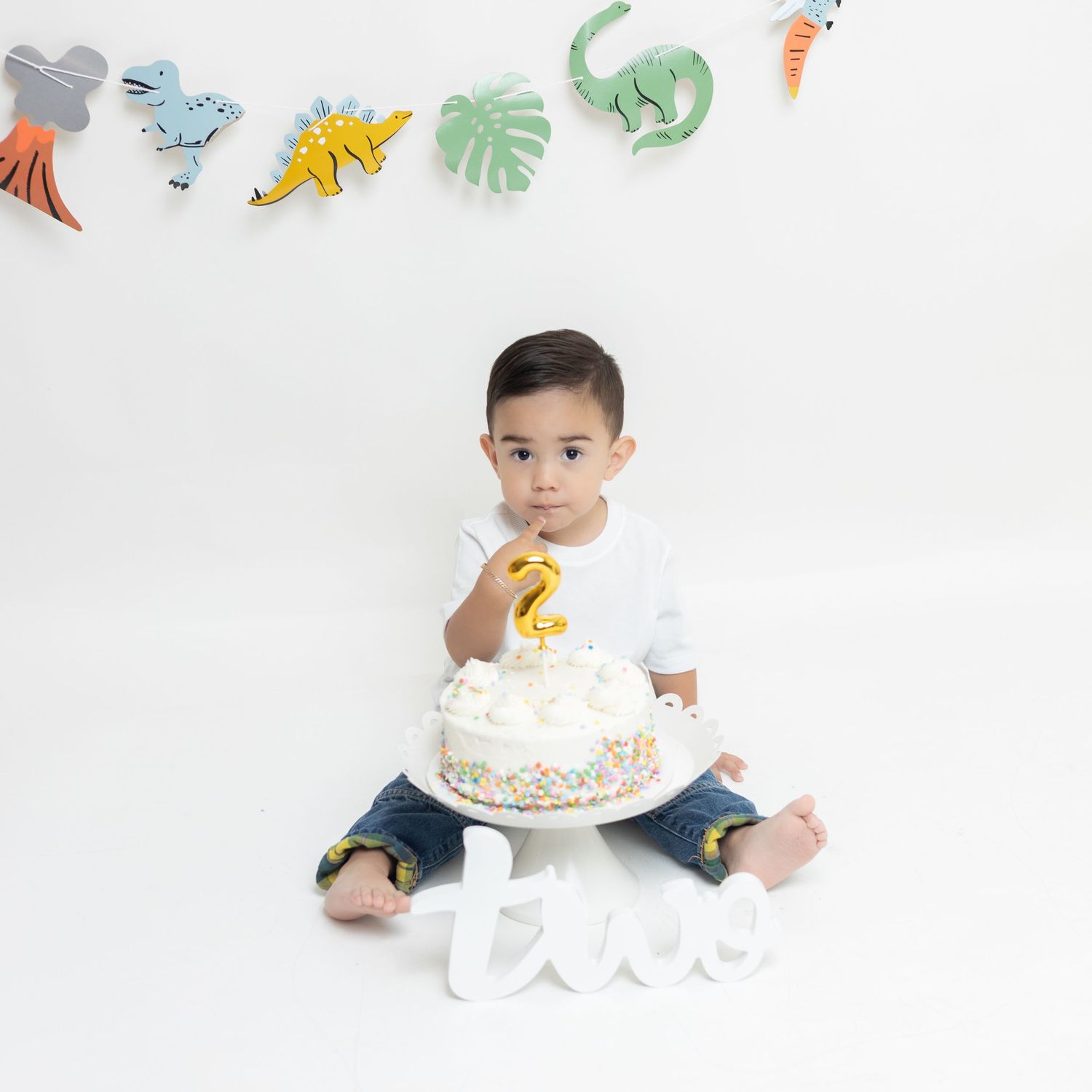 Toddler boy sitting with a white birthday cake topped with a gold number 2 candle, dinosaur party decorations in background.
