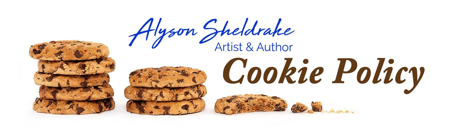 Alyson Sheldrake Artist and Author Cookie Policy banner with stacked chocolate chip cookies on white background.