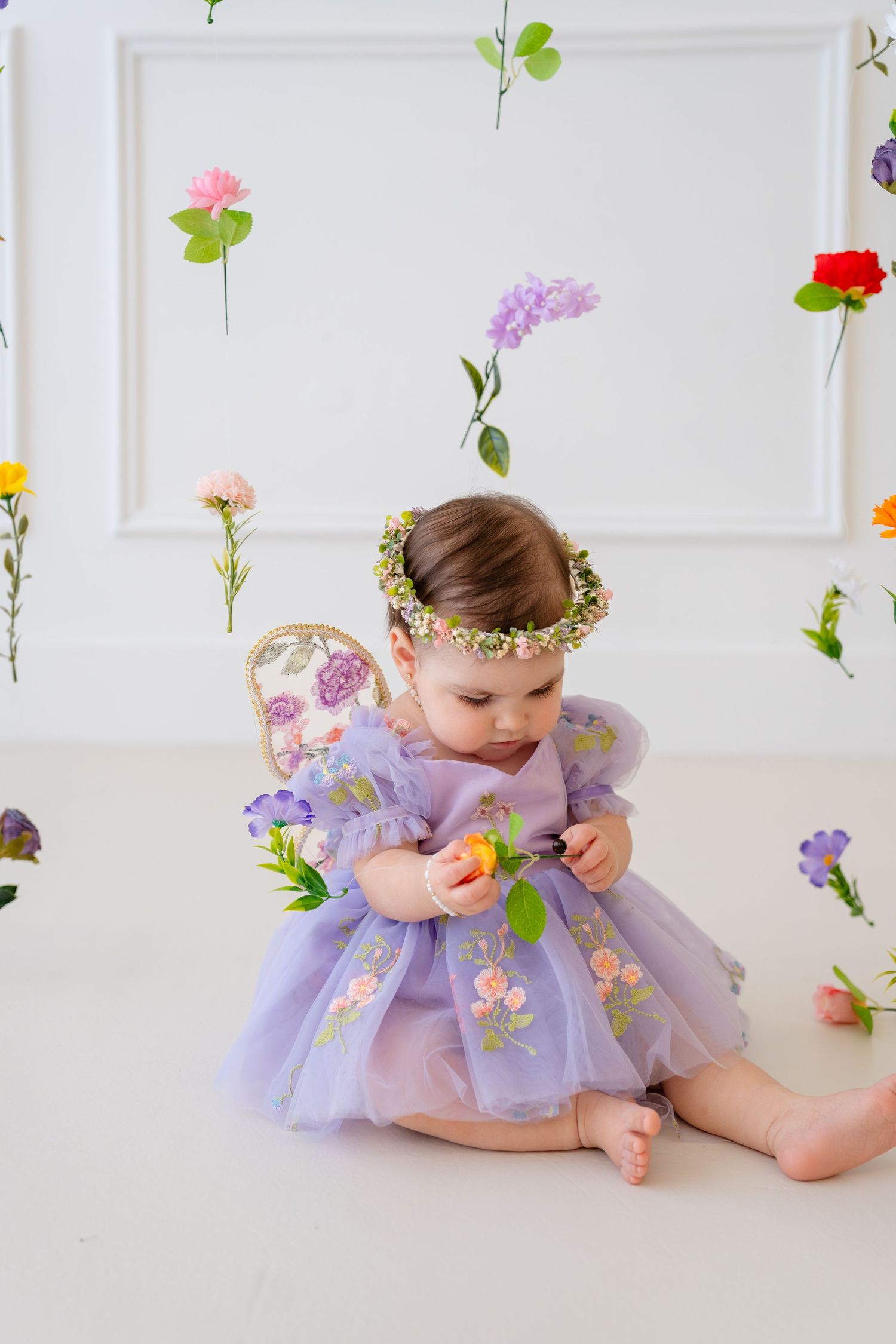 Adorable baby in purple tulle fairy dress with wings and flower crown plays with blooms.