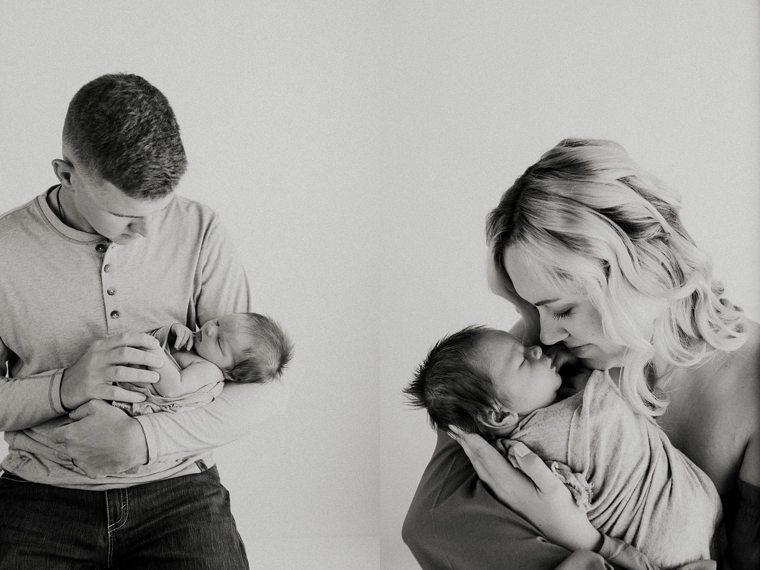 Black and white newborn photos of a man and woman each tenderly cradling their newborn baby.