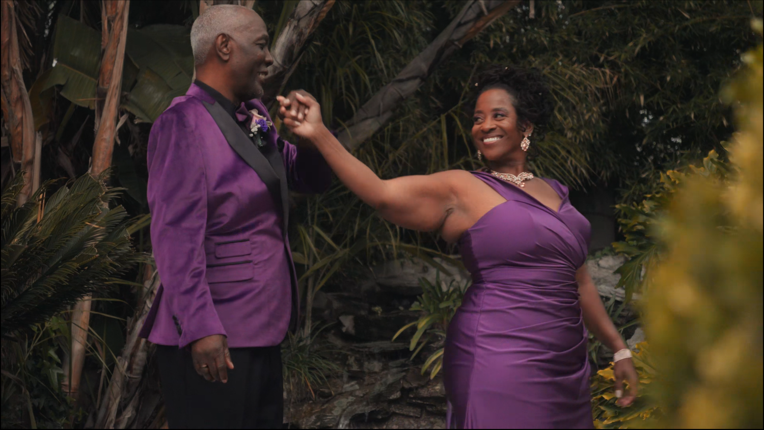 A series of six photos capturing wedding moments outdoors with people wearing purple attire.