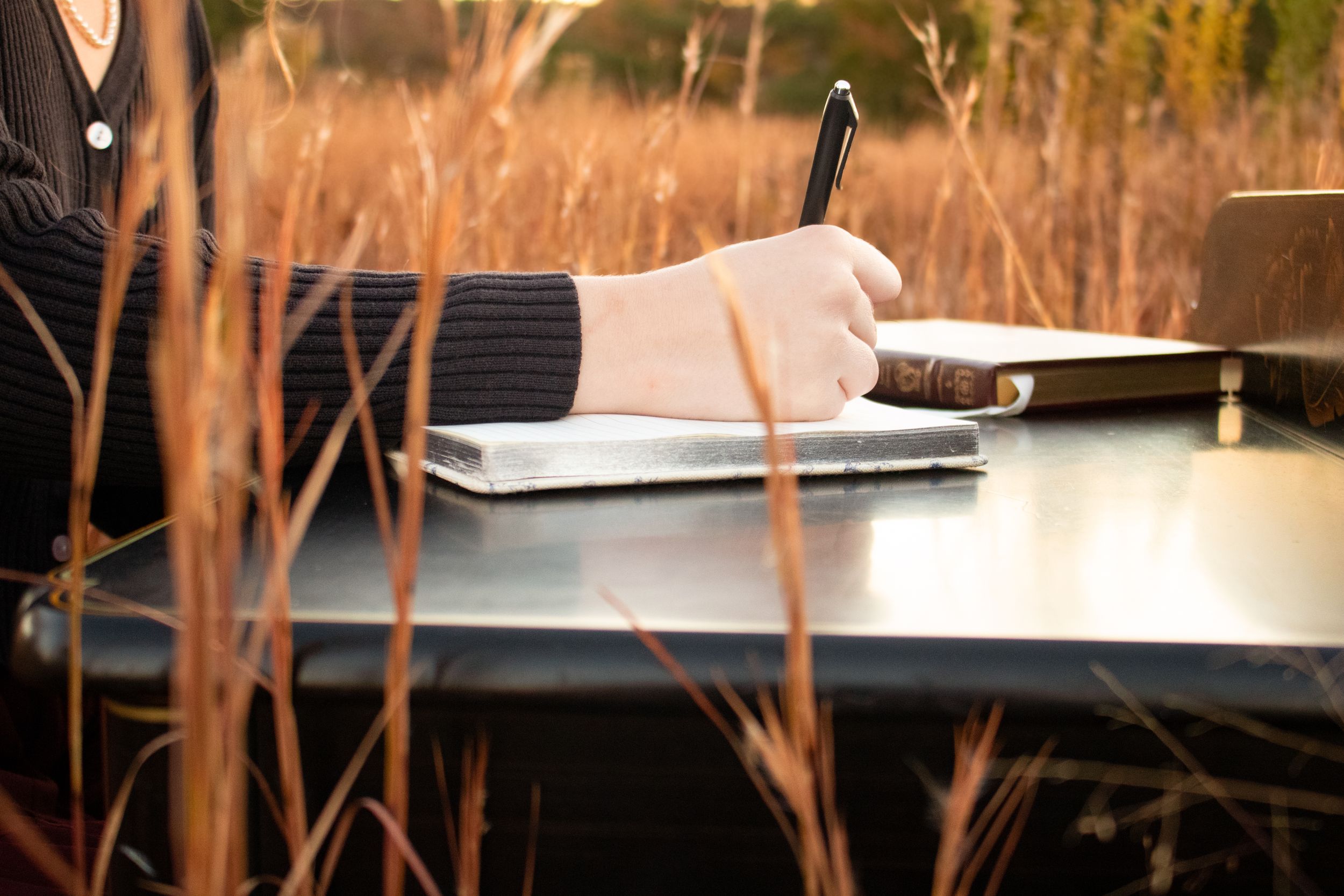 Person writing in a notebook at an outdoor table surrounded by tall golden grasses in warm autumn light.