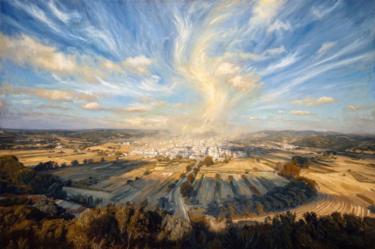 Oil painting of a vast rural landscape under a dramatic swirling sky with golden fields and a small town in the distance.